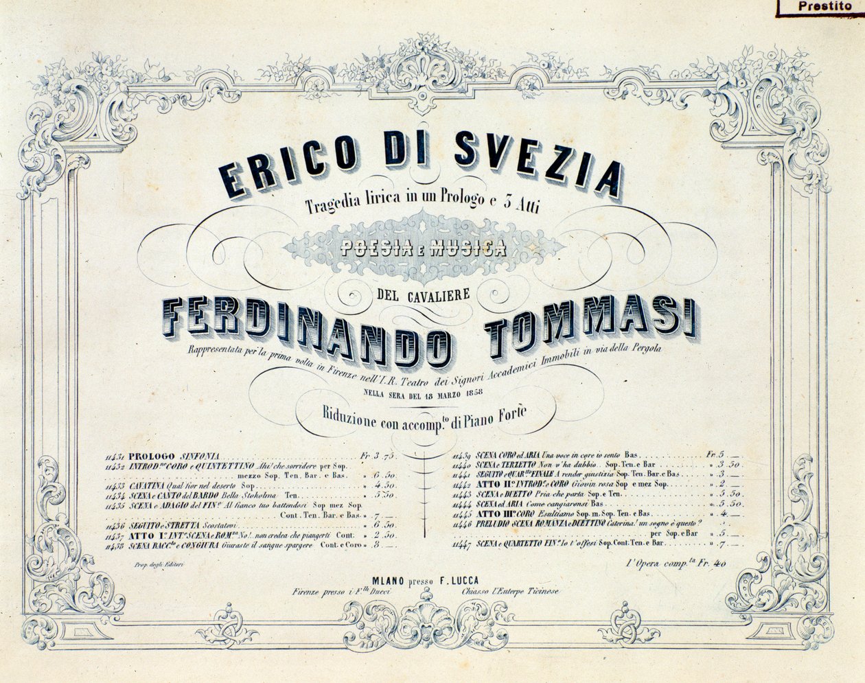 Frontispiece of Enrico di Svezia, Opera by Ferdinando Tommasi by Unknown artist