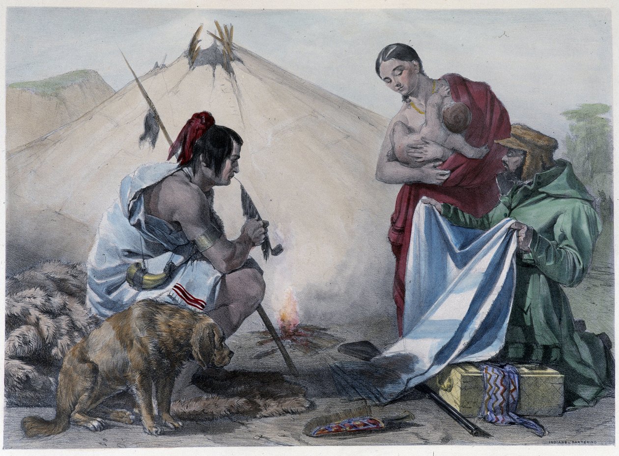 Fur barter for fabric between Canadian Huron Indians and white man - in “” Shyth