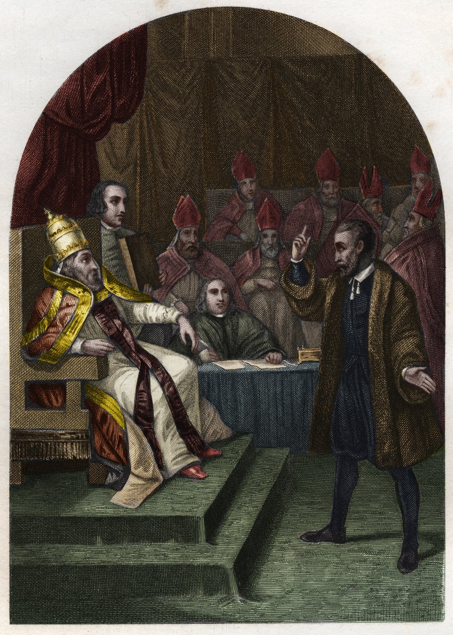 Galileo Galilei (1564-1642) before Pope Urban VIII in 1633. Engraving of 1842 in 