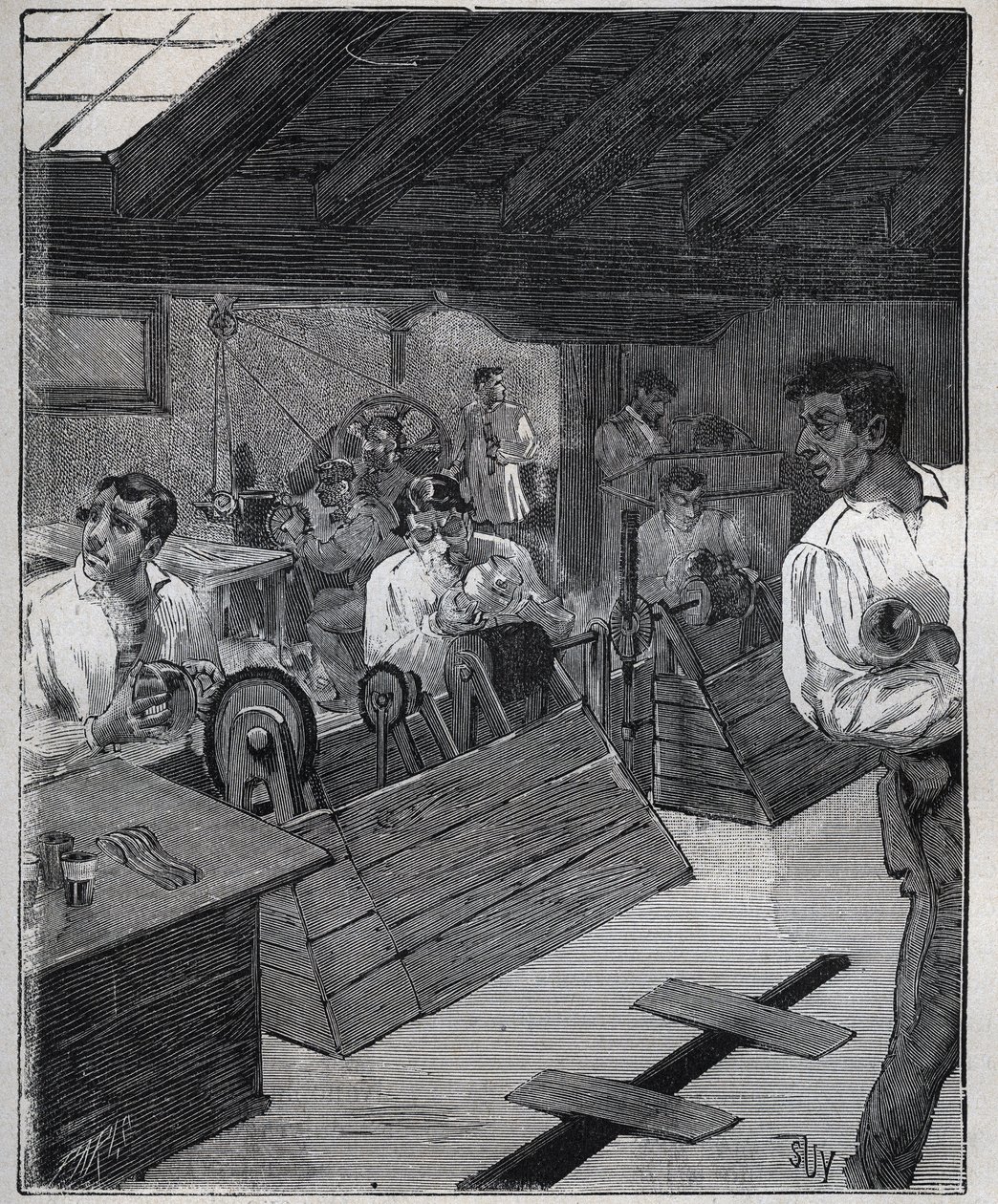 Galvanic gilding: scraper-boessage of gold jewels with a scraper-boesse. Engraving from 1885 in 
