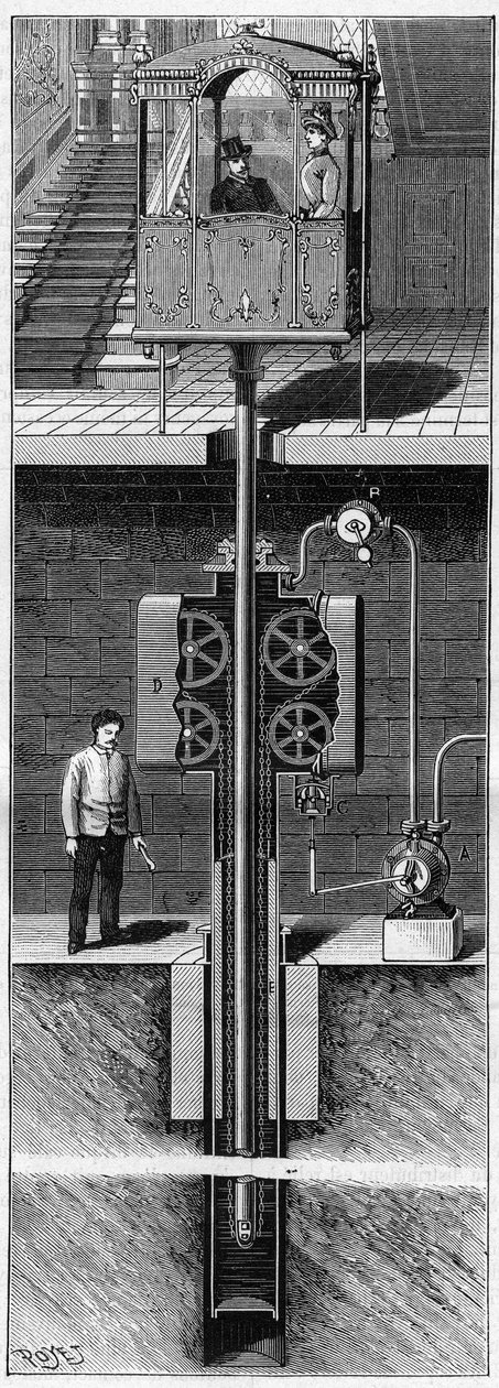 General layout of the new Edoux elevator in 1888, in "La Nature" of 1888 by Unknown artist