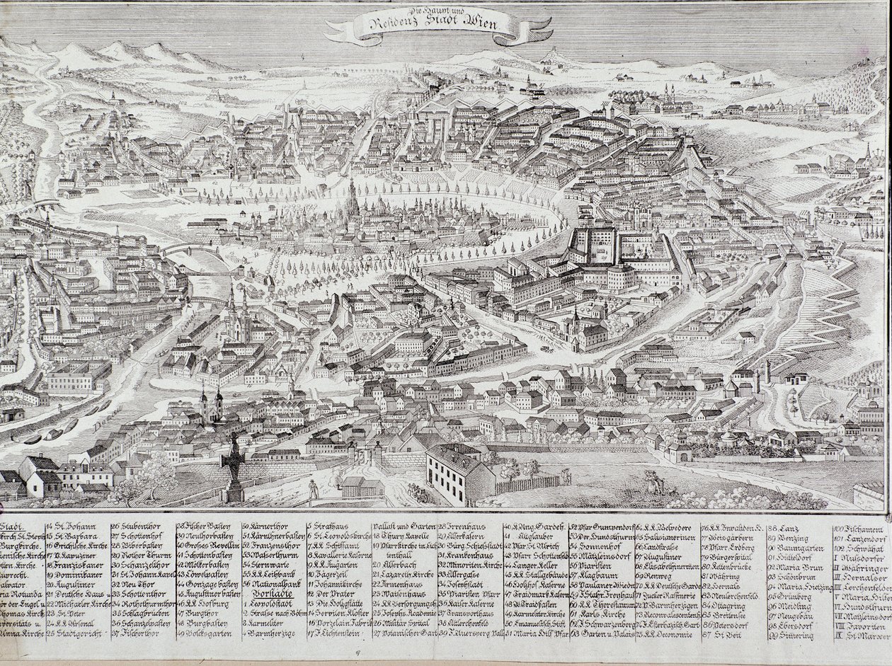 General view of the city of Vienna with detail of the main buildings and monuments. Austria Engraving from 1800 Private Collection by Unknown artist