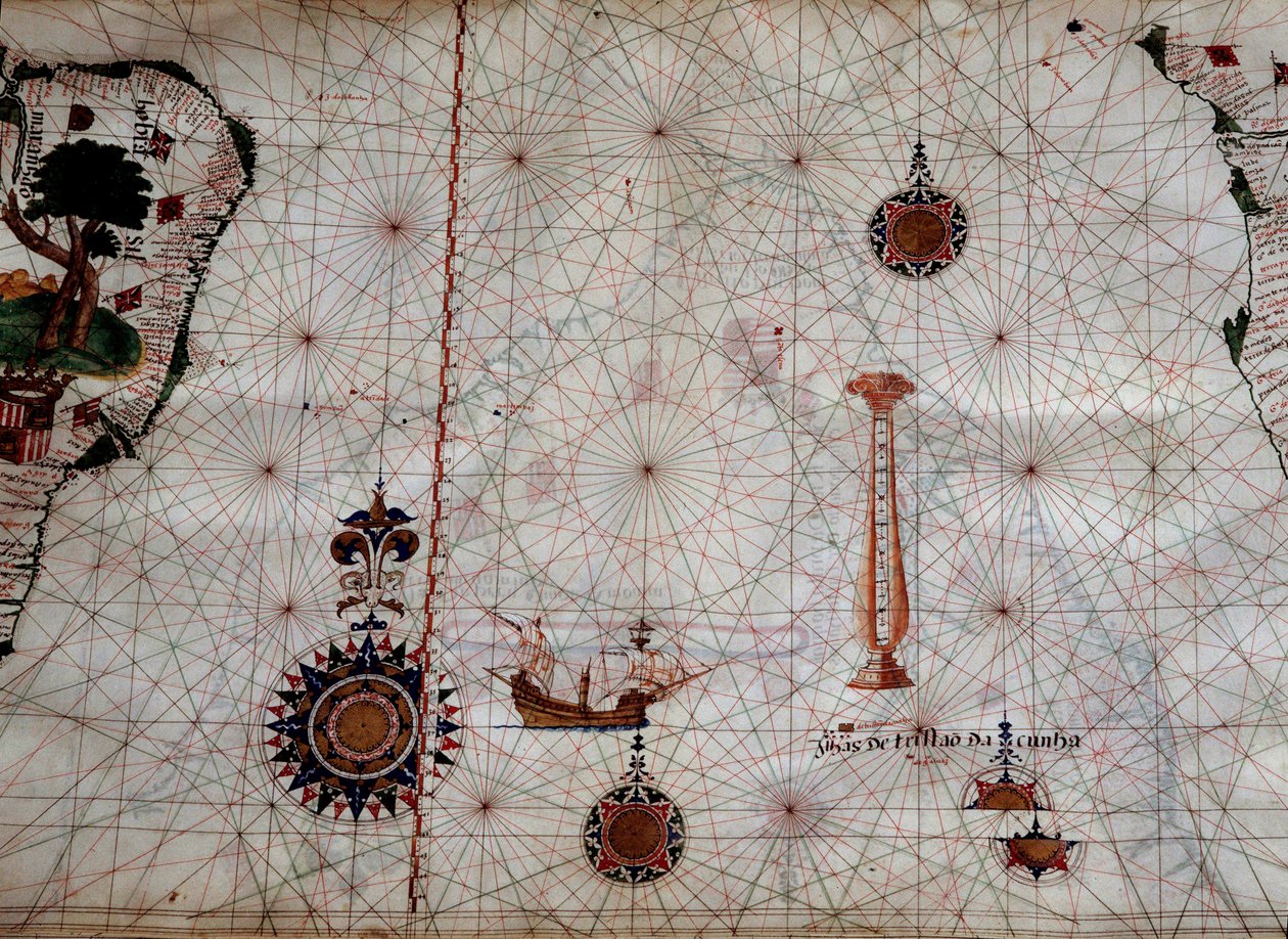 Geography: detail of a navigation map of Luis Lazare representing the islands of the Tristan da Cunha archipelago and the caravel of the explorer of the same name, off the coast of South Africa by Unknown artist