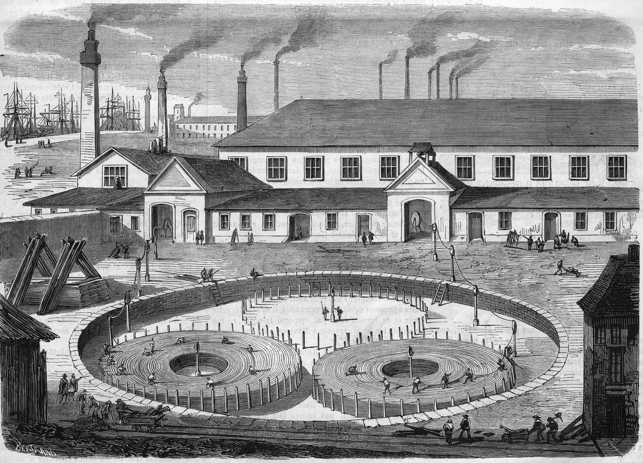 Glass Eiliot electric cable factory in Greenwich. Winding the cable in the basins before transport on the ship 