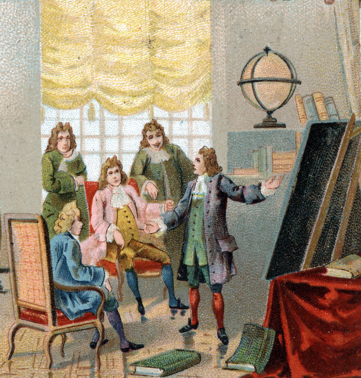 Gottfried Wilhelm Leibniz, German philosopher and mathematician; demonstrating his theories on differential calculation. Chromolithography, late 19th century by Unknown artist