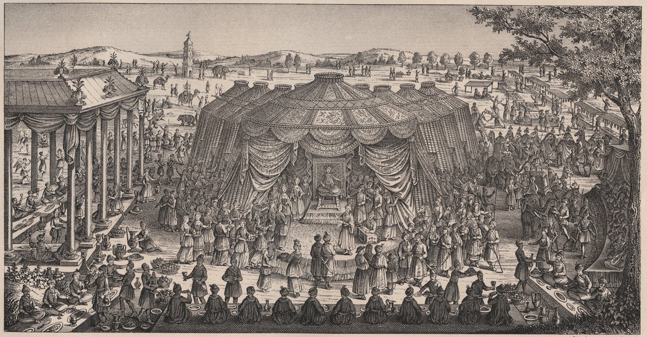 Grand Banquet given by Tamerlane (1336-1405) in the plain of Khani Gheul to celebrate the marriage of his grandchildren. Engraving 19th century. by Unknown artist