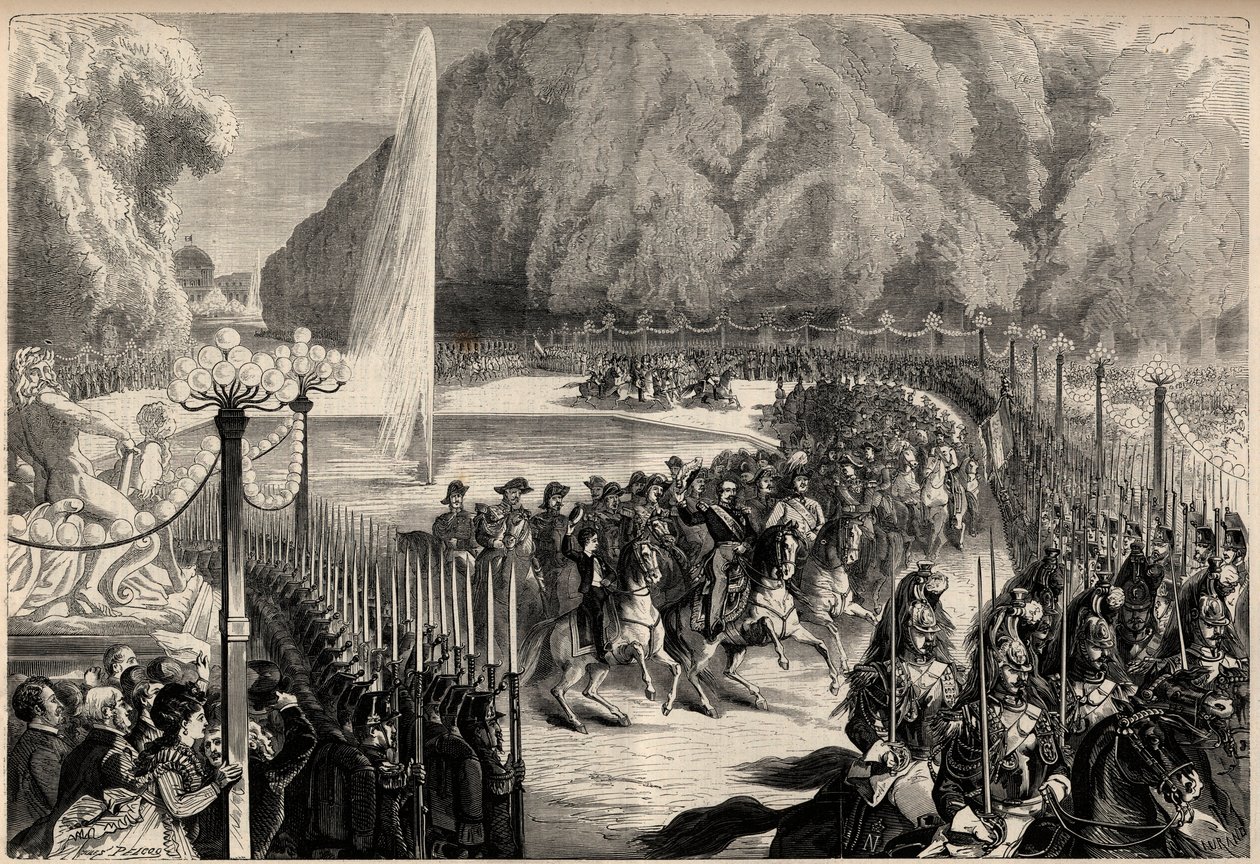 Emperor Napoleon III (1808-1873), followed by his staff crosses the Tuileries Garden in Paris. His son, the imperial prince Eugene Louis Joseph (1856-1879), is on his right. Engraving in 