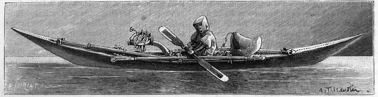 Greenland Exhibition at the Geography Society, Paris: Model of a kayak made by Eskimos. Engraving in 