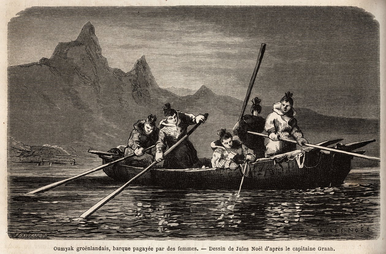 Greenland Umyak, type of boat operated by women. Engraving to illustrate the voyage to the free sea of the Arctic pole, by Doctor Hayes, surgeon of the United States Navy, in 1860-1862, published in Le tour du monde, nouveau journal des voyages, edited by by Unknown artist