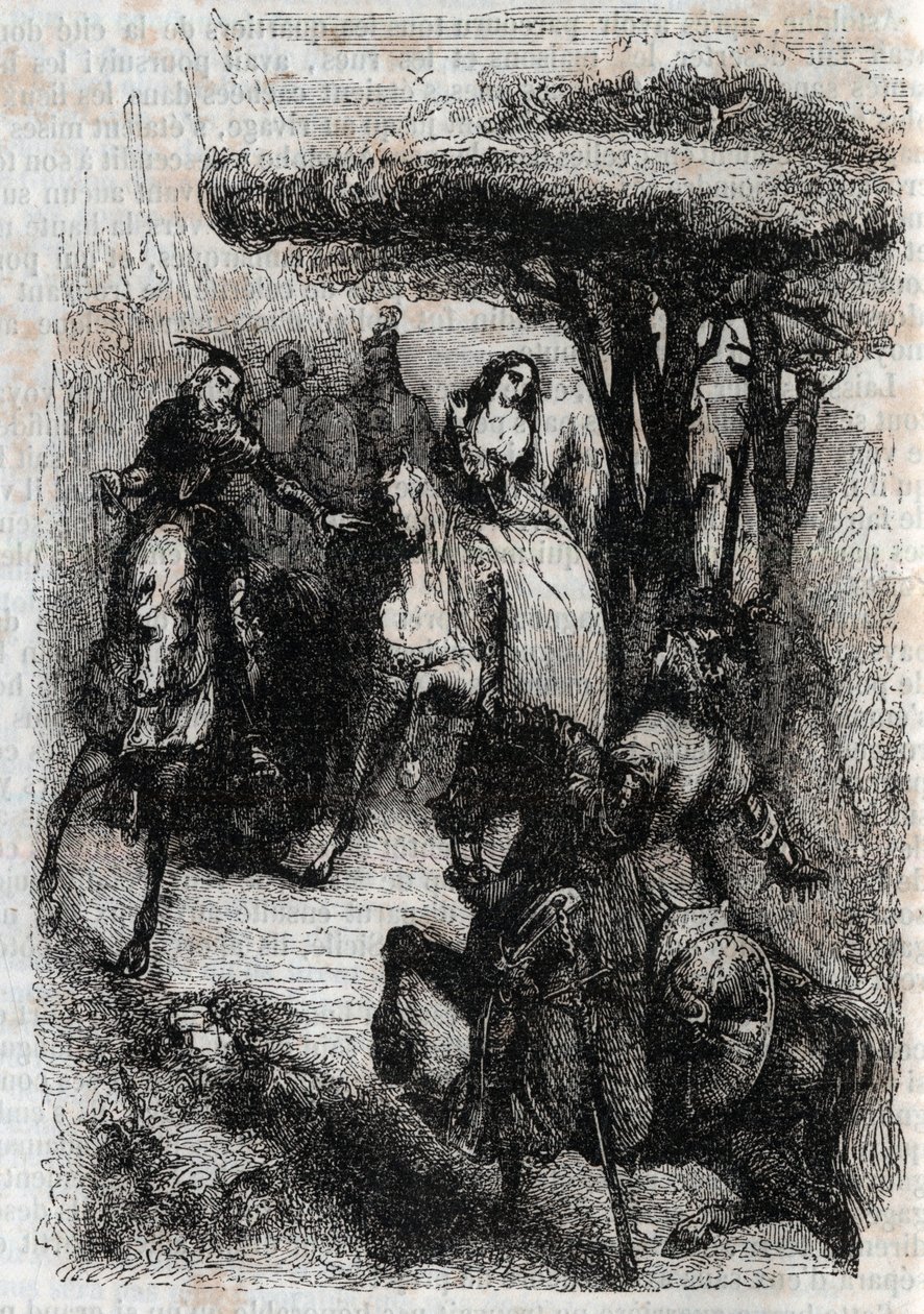 Griffon meets Origille - engraving of 1851 from Furious Roland (Orlando furioso) (16th century) by Ludovico Ariosto, known as the Ariosta - Edition translated from Italian by the Count of Tressan and published by Gustave Harvard 1851 by Unknown artist