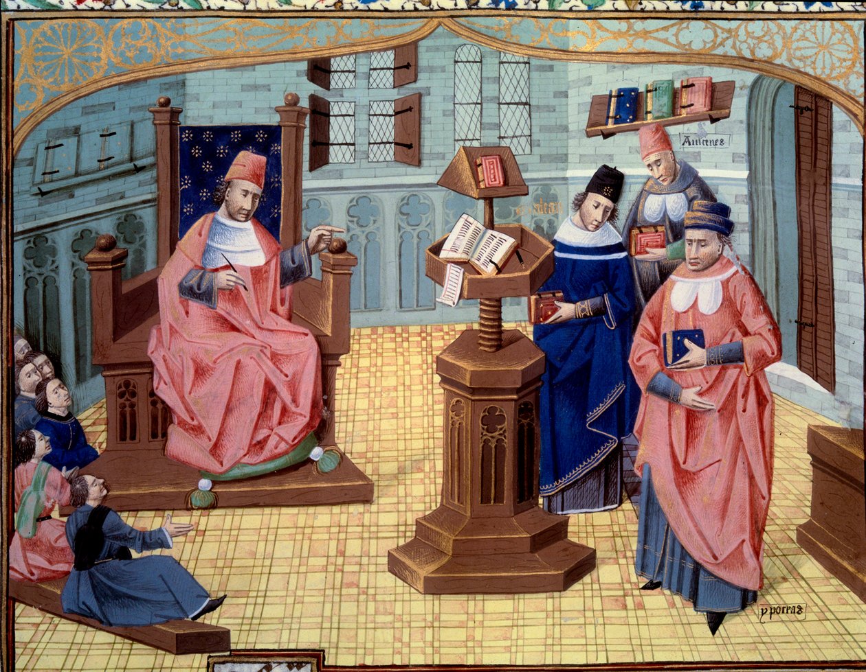 Guy from Chirugian Chauliac teacher. On his right, 6 listeners and on his left 3 characters summarizing the history of medicine: Claude Galien, Abu Ali al-Husayn ibn 