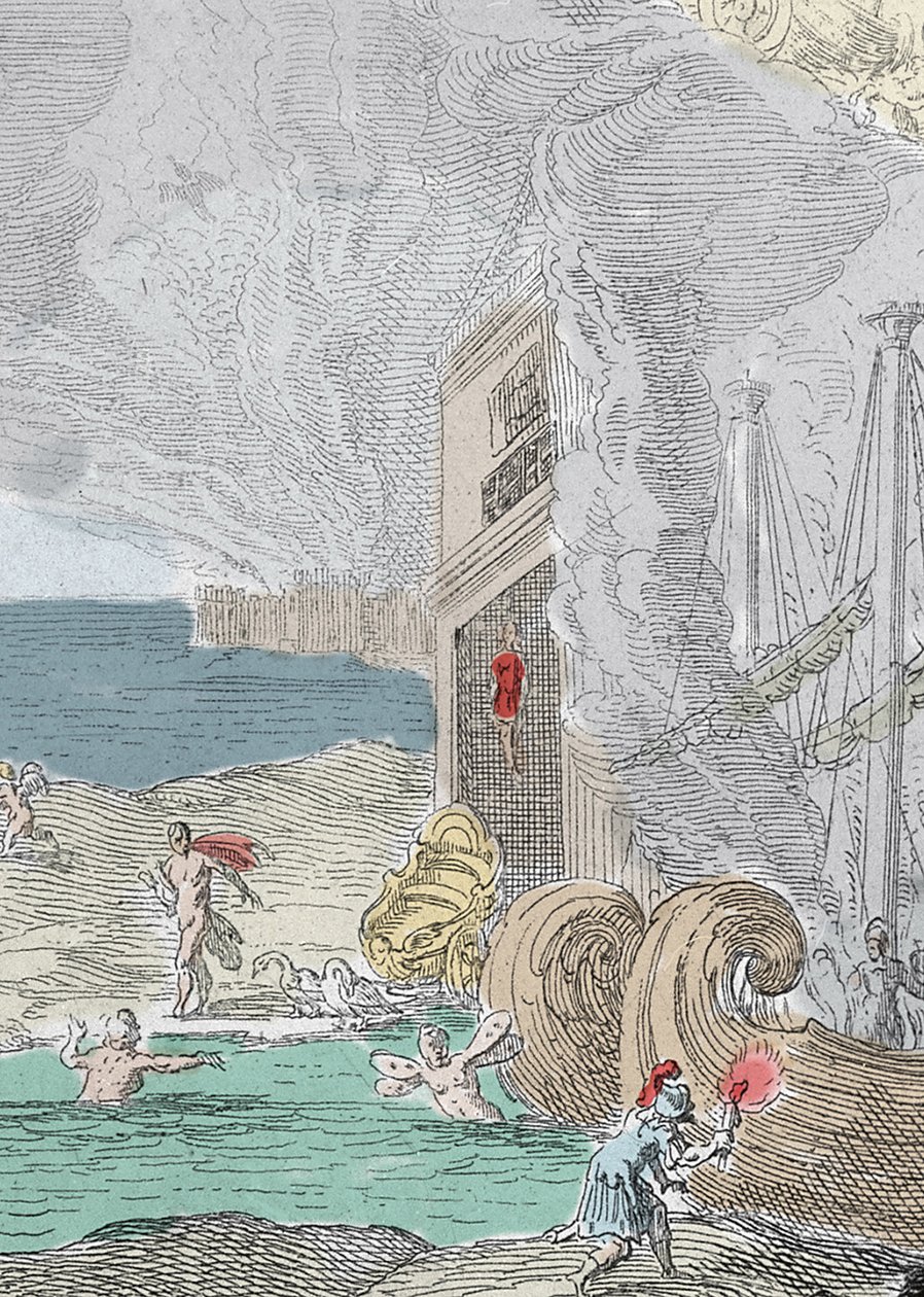 Hanged Iphis repulsed by Anaxarete. Detail of an illustration from 