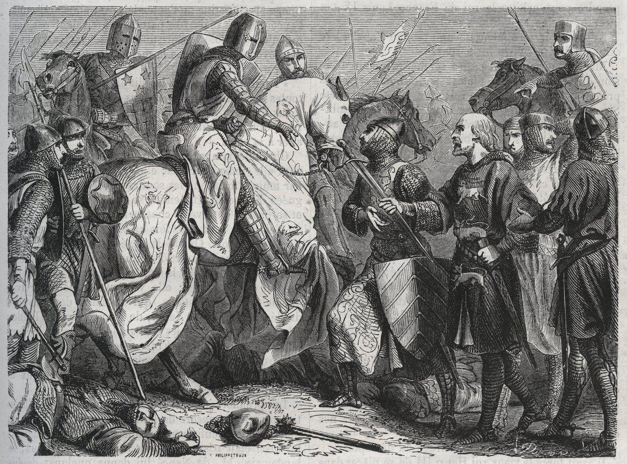 Henry III (Henry III Plantagenet of England) (1207-1272) is captured by Simon V of Montfort (ca. 1208-1265) at Lewes in Sussex 1264 - engraving 1864 by Unknown artist