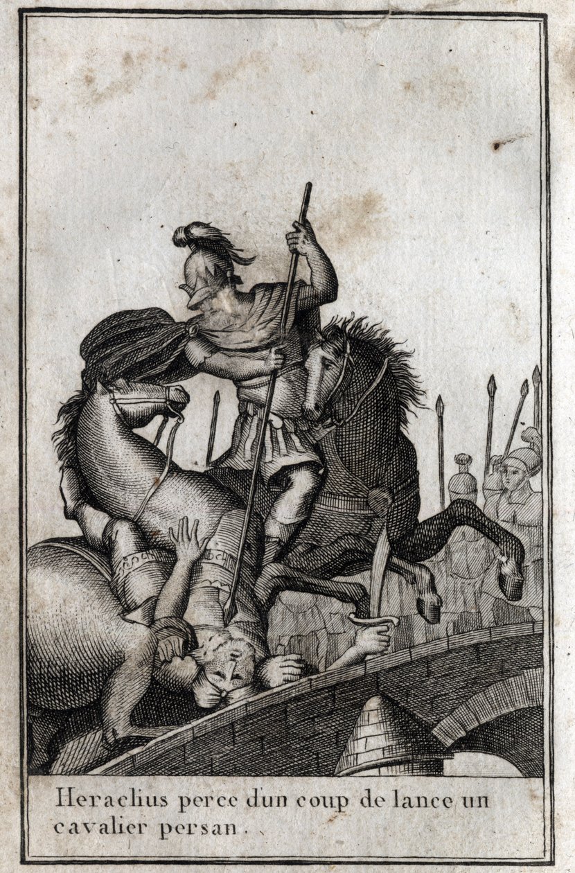 Heraclius I (Flavius Heraclius, Herakleios (circa 575-610/641), Byzantine emperor, spears a Persian horseman (war against the Persians), 7th century. Engraving in Beaute de l