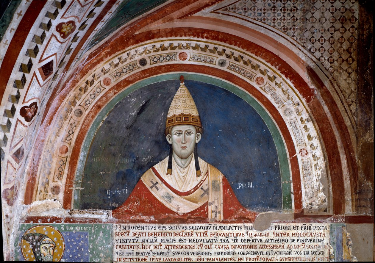History of Saint Francis of Assisi: representation of Pope Innocenzo III, showing the bubble that confirms the Franciscan rule in 1210 (fresco) by Unknown artist