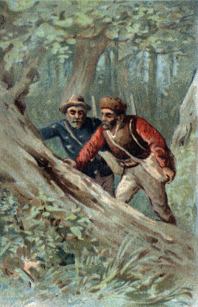 Honey hunters in Canada looking for a swarm tree. Chromolithography of the late 19th century by Unknown artist