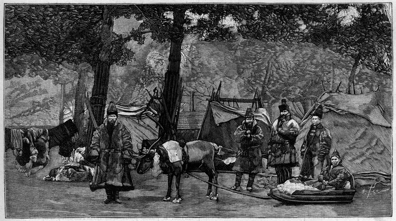 Human Zoo: Lapp encampment in the Acclimatization Garden of Paris. Engraving in 