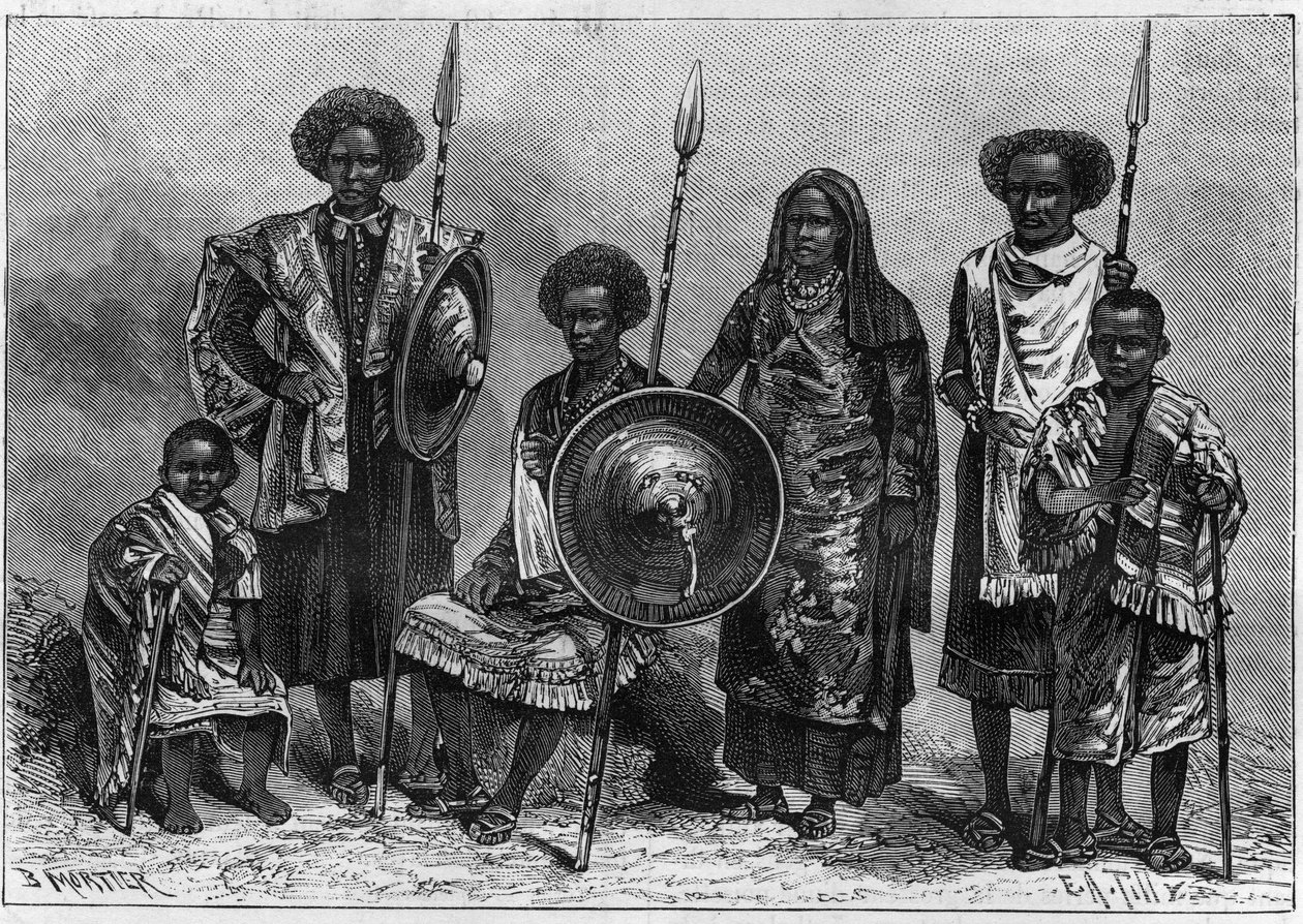 Human Zoo: group of Assabais, a tribe of Ethiopia, then Italian colony. Exhibited in Turin as part of the 1884 National Exhibition. Engraving in "Nature. Revue des sciences et de ses applications aux arts et à l