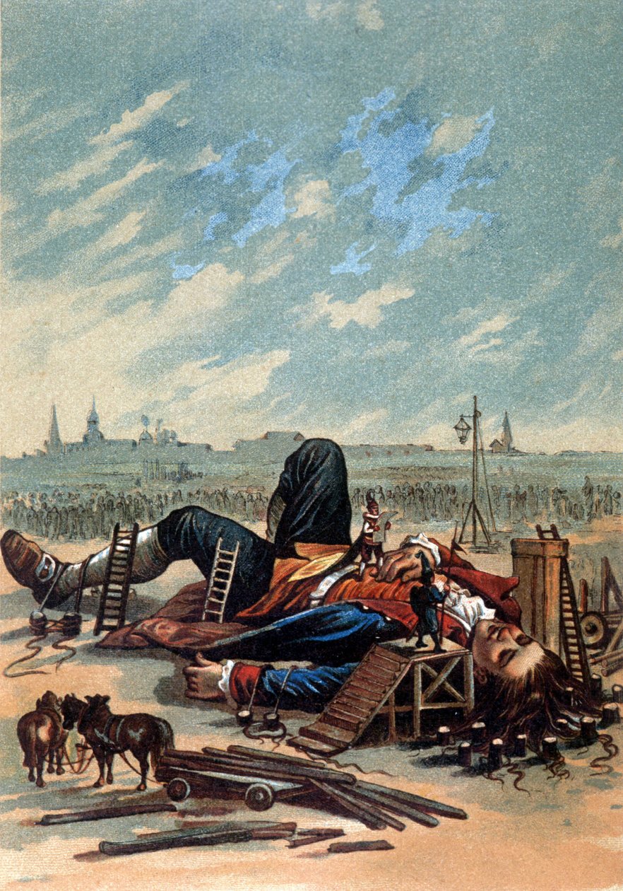 Illustration showing Lilliputians attaching Gulliver. Chromolithography, late 19th century by Unknown artist
