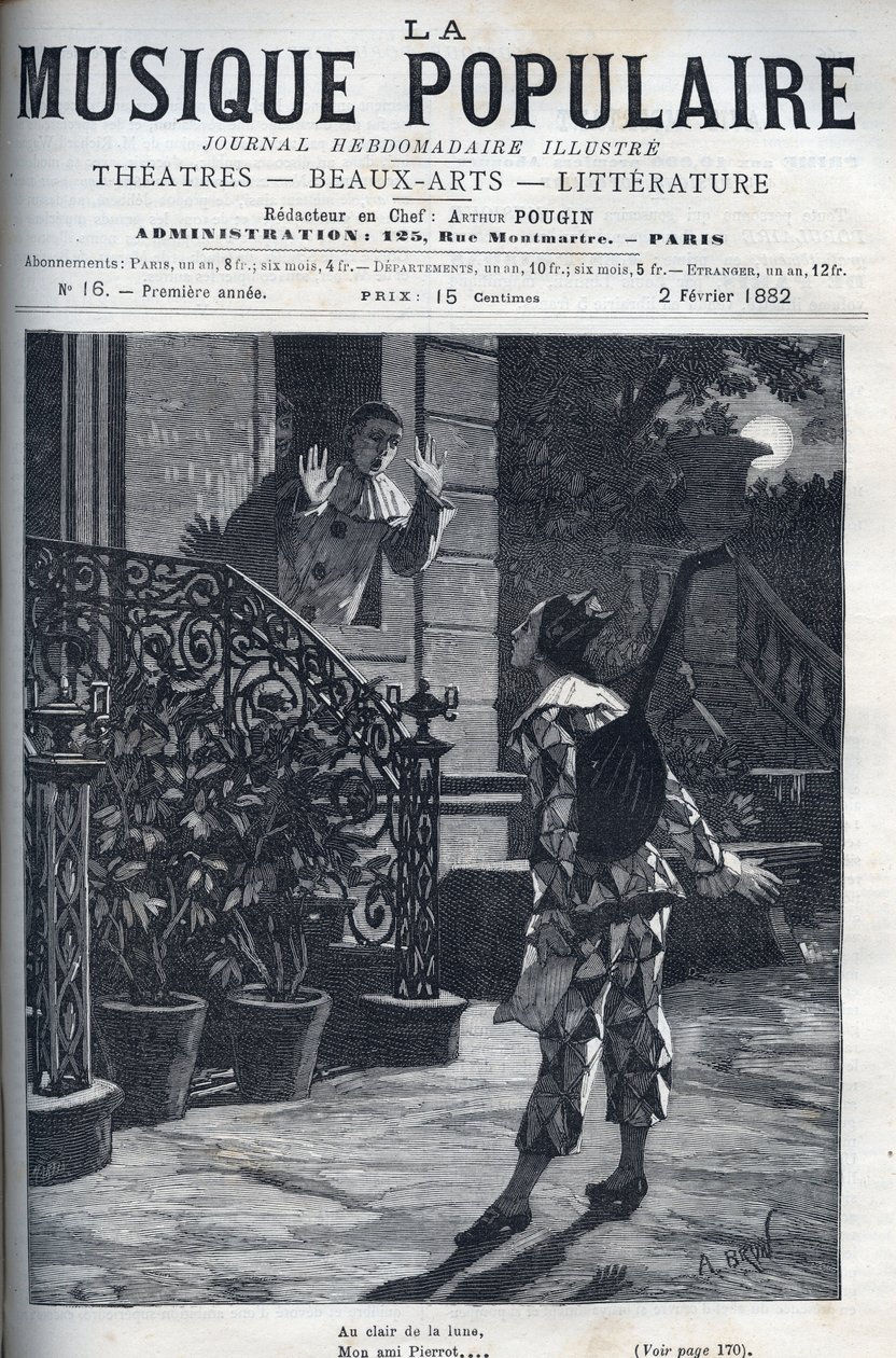 In the moonlight, a representation of the popular song. Harlequin on Pierrot