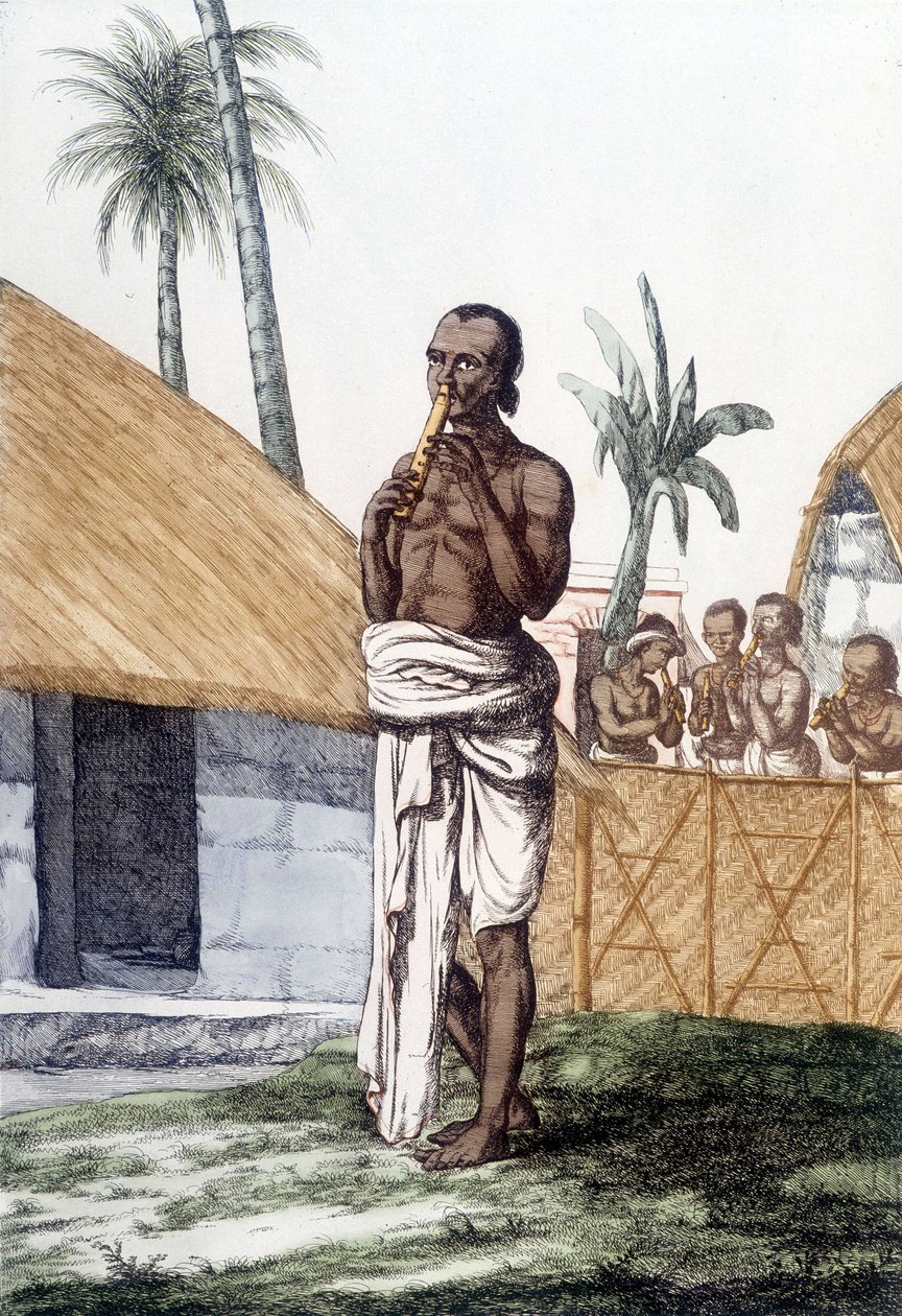 Indian culture and civilization: musician playing the bansuri flute, traditional musical instrument, India. Engraving 1808. by Unknown artist