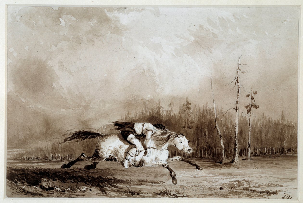 A horse galloping carrying a man tied up by Unknown artist