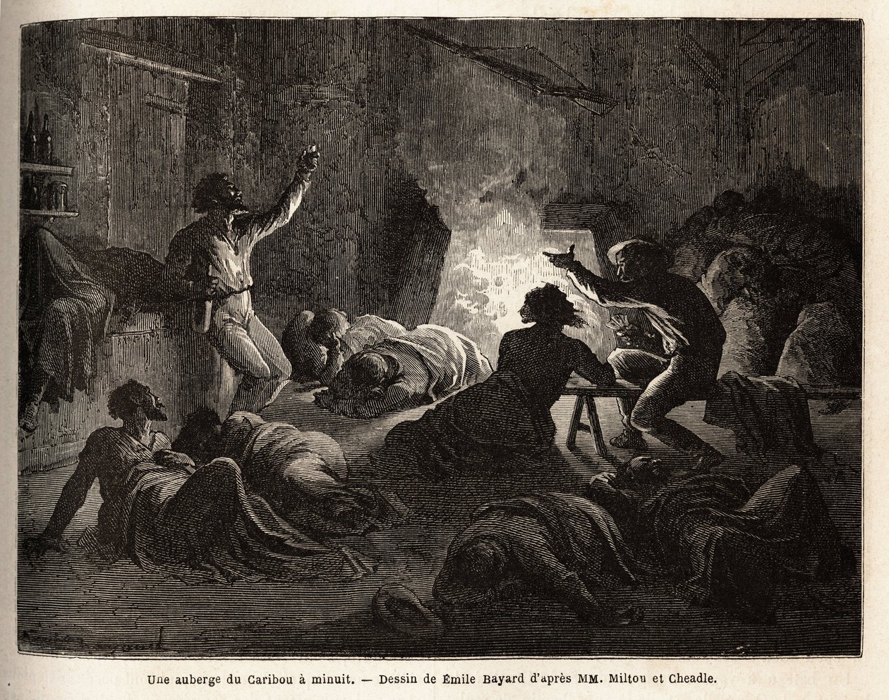 Inside a Caribou Inn (Canada), at midnight, intoxicated trappers and miners sing, then fall to the ground, or fall asleep in a blanket. Engraving to illustrate the voyage from the Atlantic to the Pacific (route du nord ouest par les terres), in 1862-1864 by Unknown artist