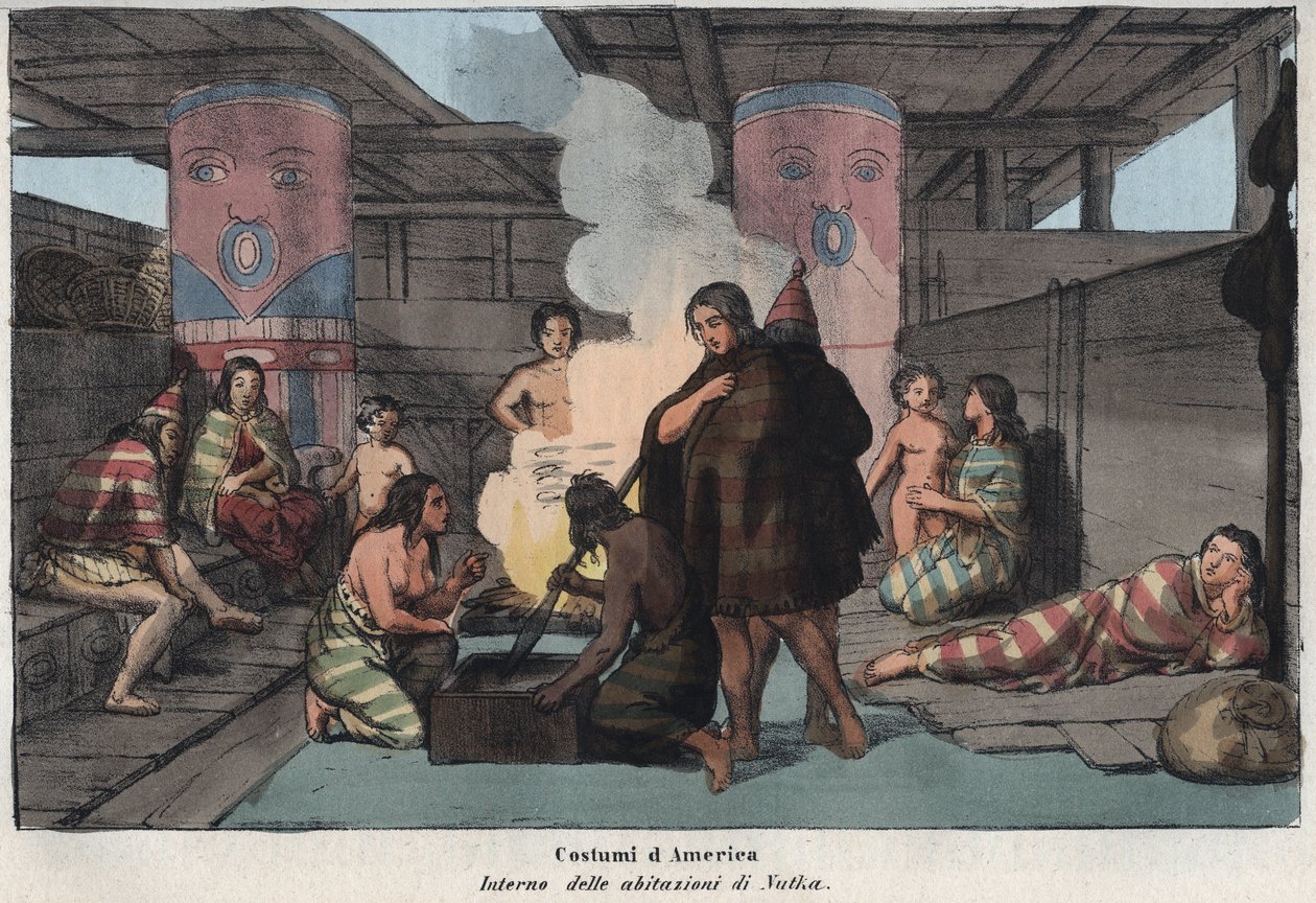 Interior of a large communal house in Nootka Sound, with villagers smoking and drying fish, sleeping and caring for children - engraving from 