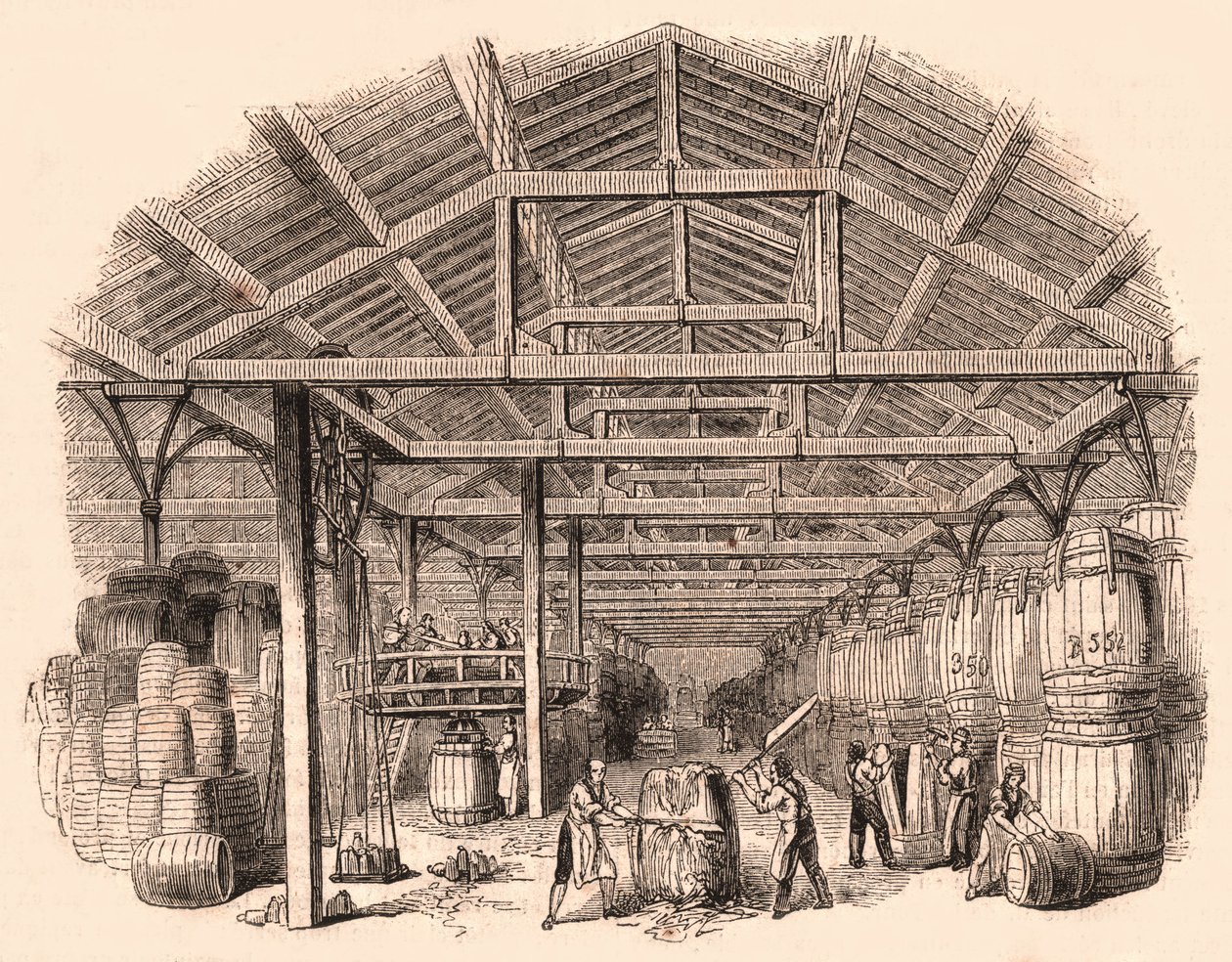 Interior of a tobacco factory: workers chopping a ball of tobacco and others involved in the manufacture and handling of barrels by Unknown
