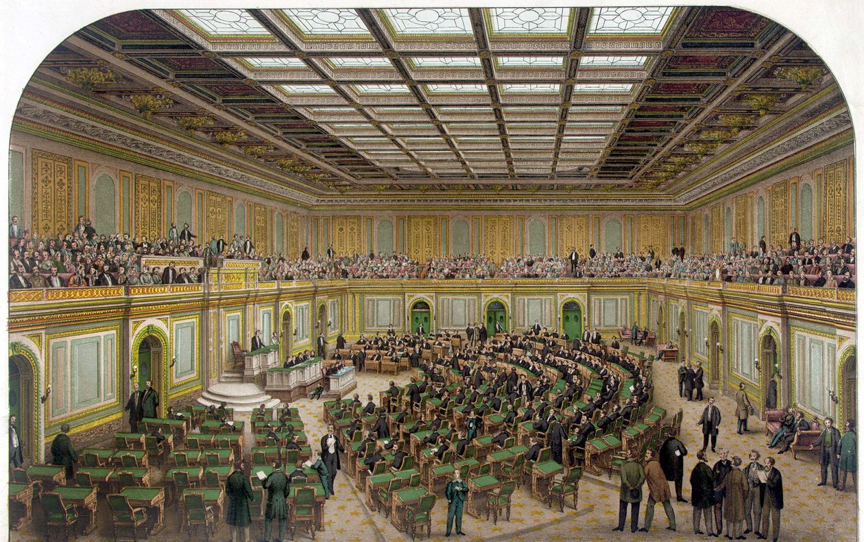 Interior View of the House of Representatives of US Capitol Showing the Congress in Session and the Spectators in the Gallery - Engraving 1866 by Unknown artist