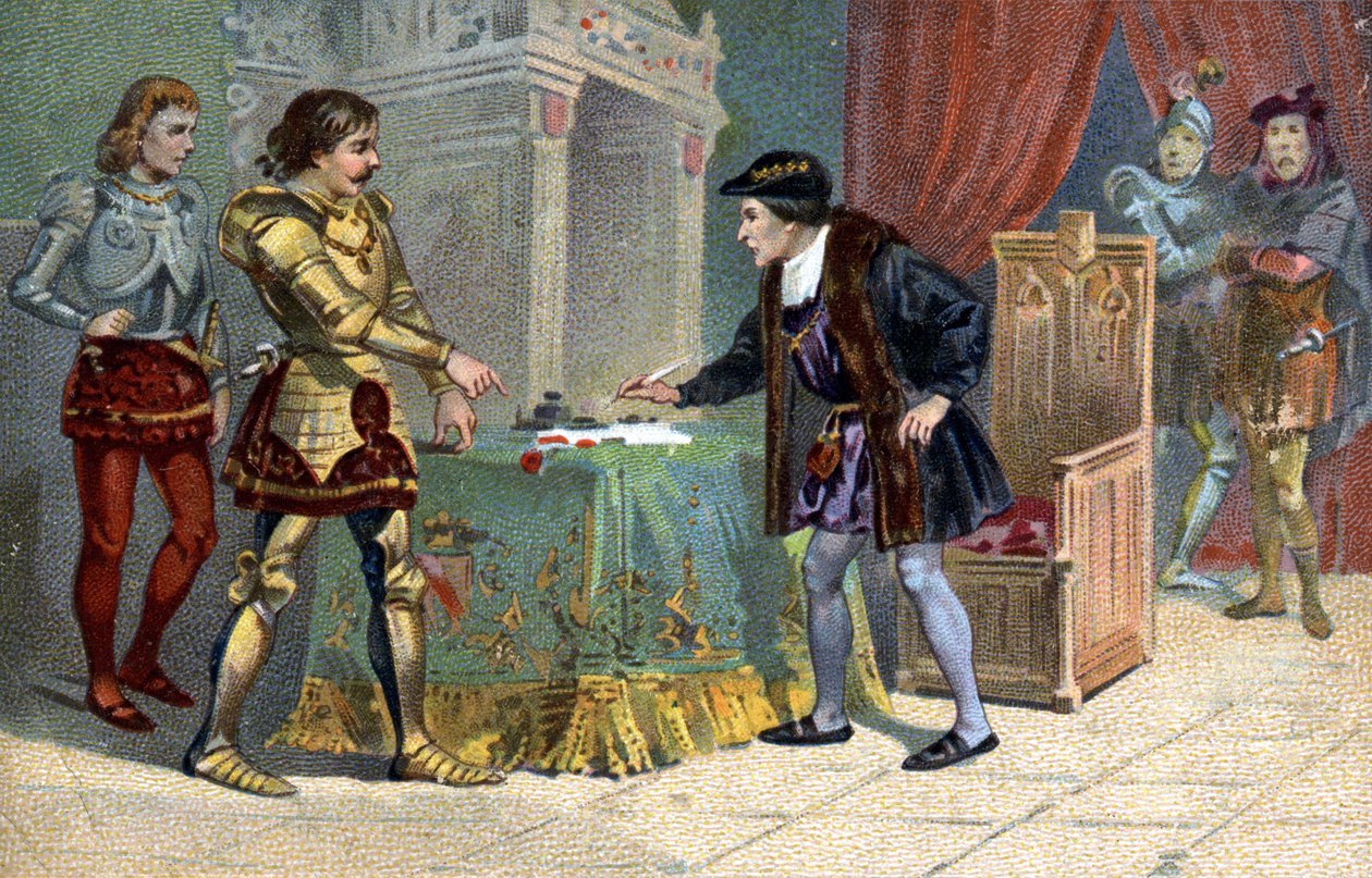 Interview of Louis XI (1423-1483), King of France and Charles the Bold, Duke of Burgundy, in Peronne in October 1468. Liebig chromolithography of the 19th century by Unknown artist