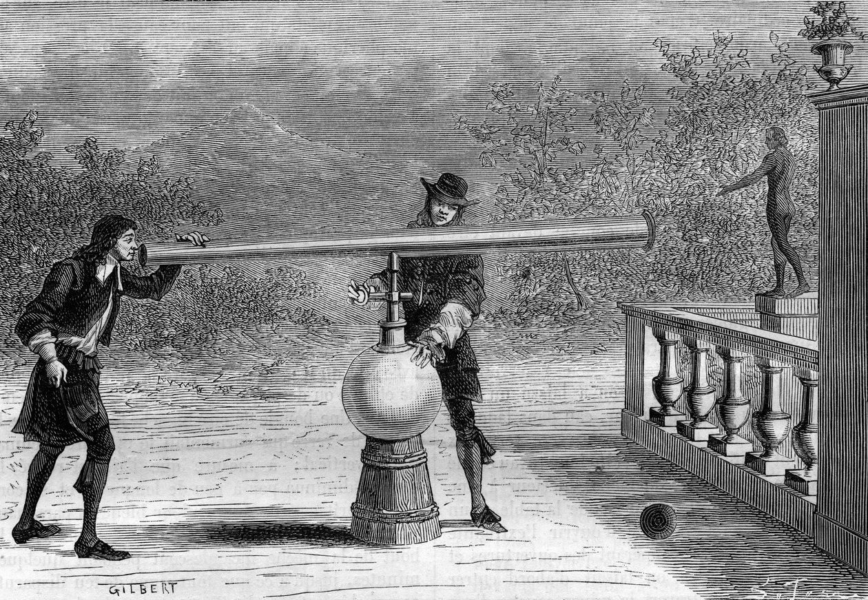 Invention: Sarbacan or pneumatic gun by Otto von Guericke (1602-1686), German inventor. Engraving in 