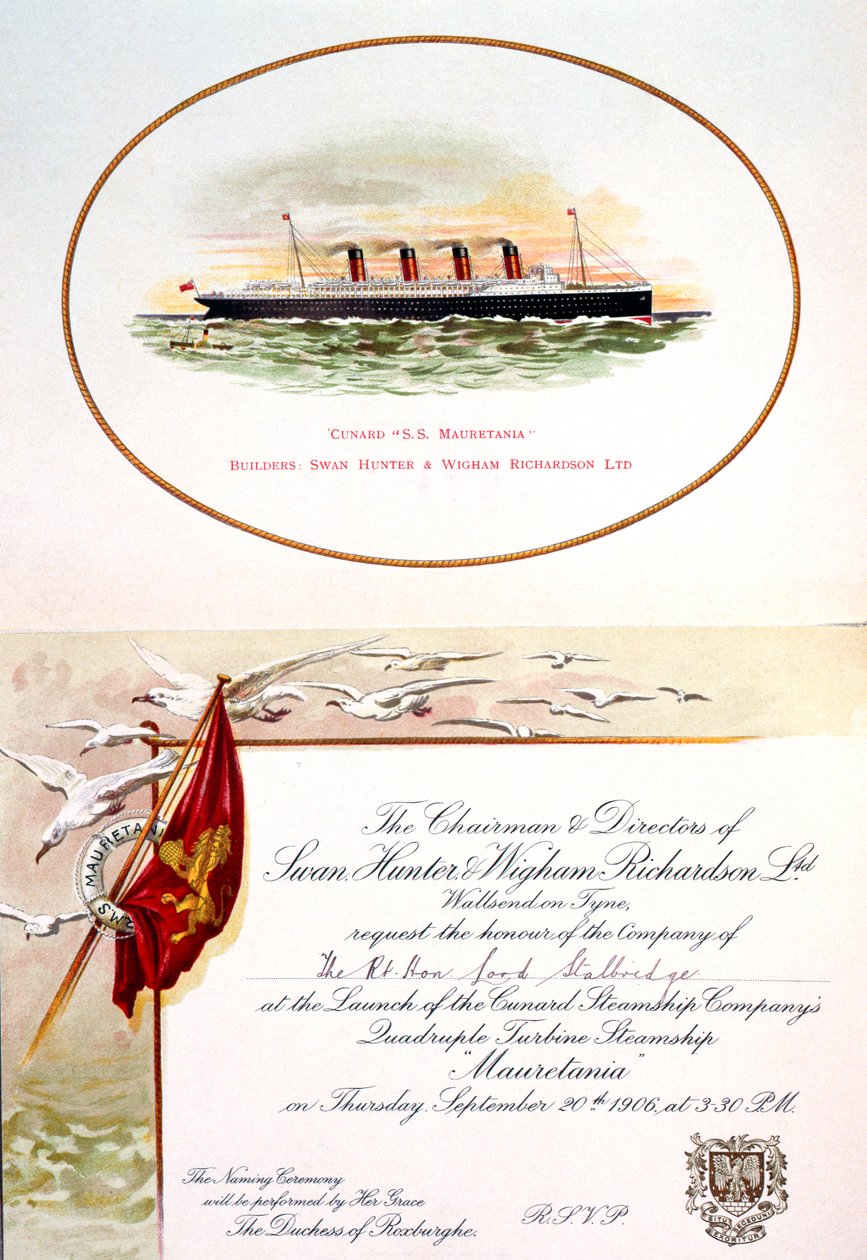 Invitation for Lord Stalbridge to Attend the Launch of SS Mauretania, 20th September 1906 by Unknown Artist