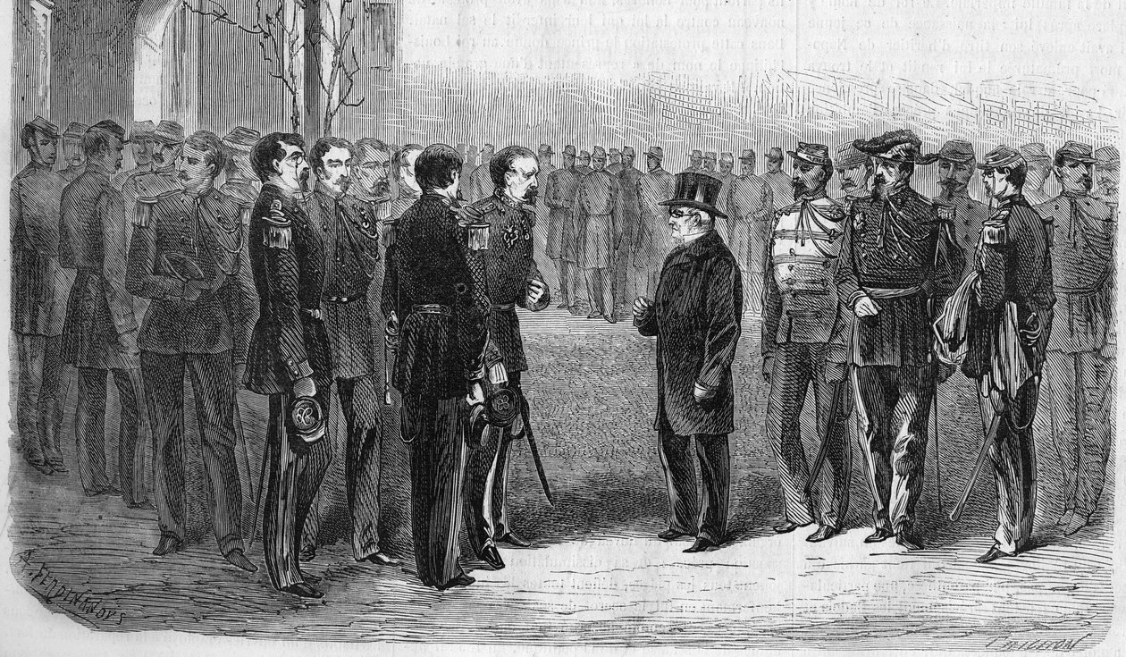 January 1873: Adolphe Thiers (1797-1877), French politician, President of the Republic accompanied by the Minister of War and General Hartung visits the Ecole Polytechnique. Engraving from 1873. by Unknown artist