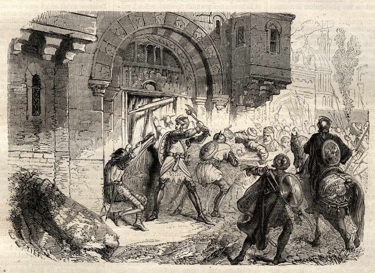 John II Comnenus, Byzantine emperor - The Emperor John II Comnene (1087-1143) at the head of the Greeks driving the door of his Palace in Constantinople - engraving in 