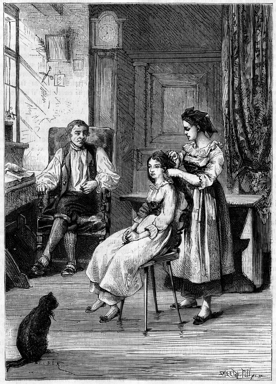 Josue Heilmann (1796-1848), a French inventor, observes his daughters comb their hair. He involved himself in this scene to create the mechanical comber in 1843. Engraving in La Nature: revue des sciences et de ses applications aux arts et a l