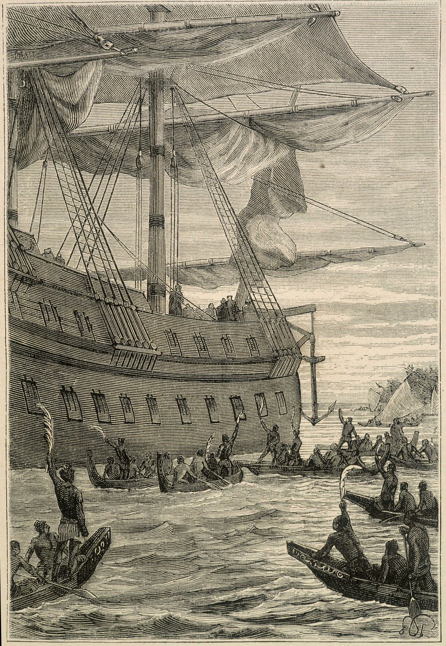 Journey of Samuel Wallis (1728-1795) to Polynesia: indigenous people holding banana branches in hand as a welcome greeting - illustration from "The Great Mariners of the 18th century" by Unknown artist
