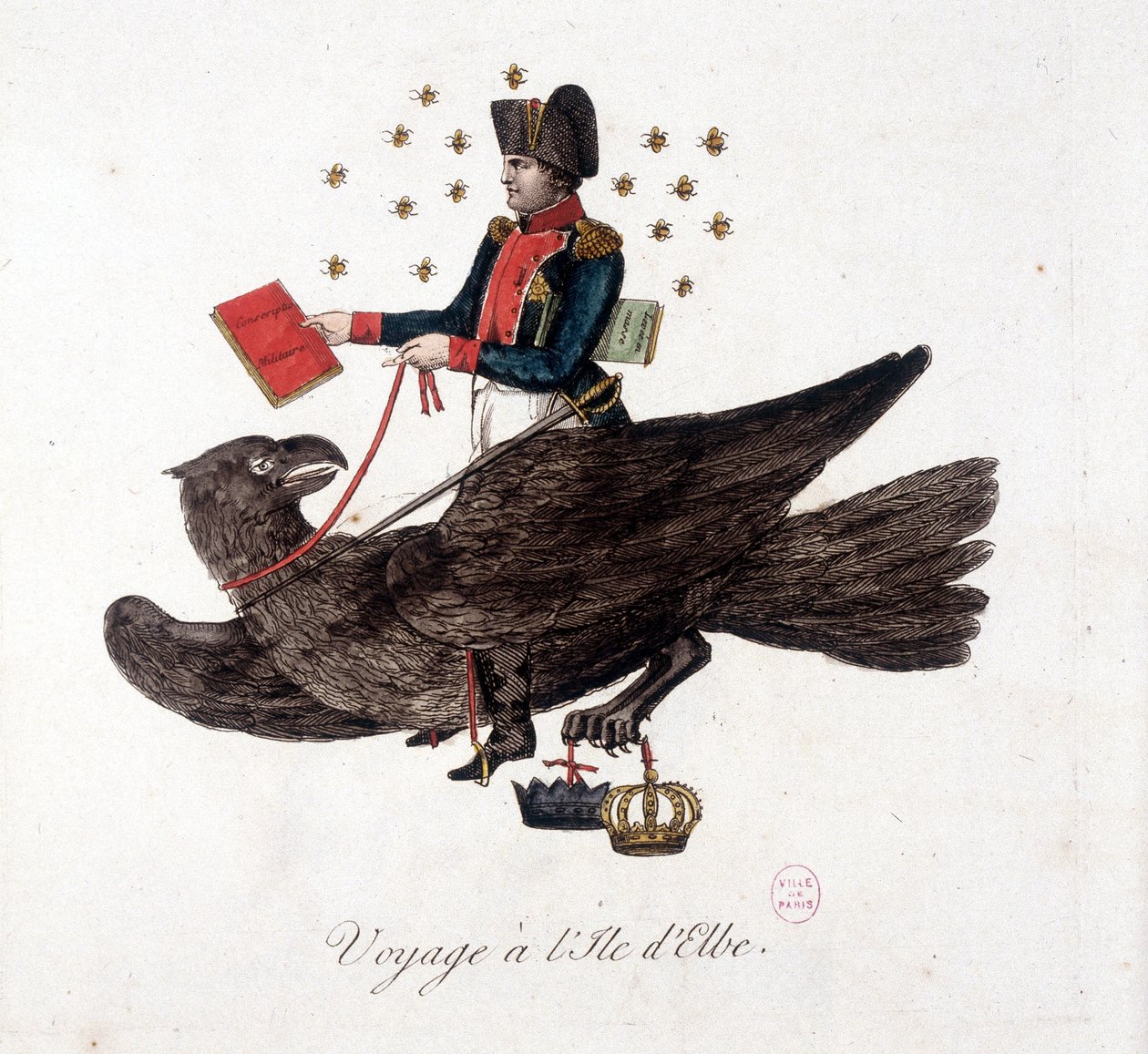 Journey to Elba Island: Napoleon riding an eagle, holding the books of military conscription and mass lifting of soldiers - in 