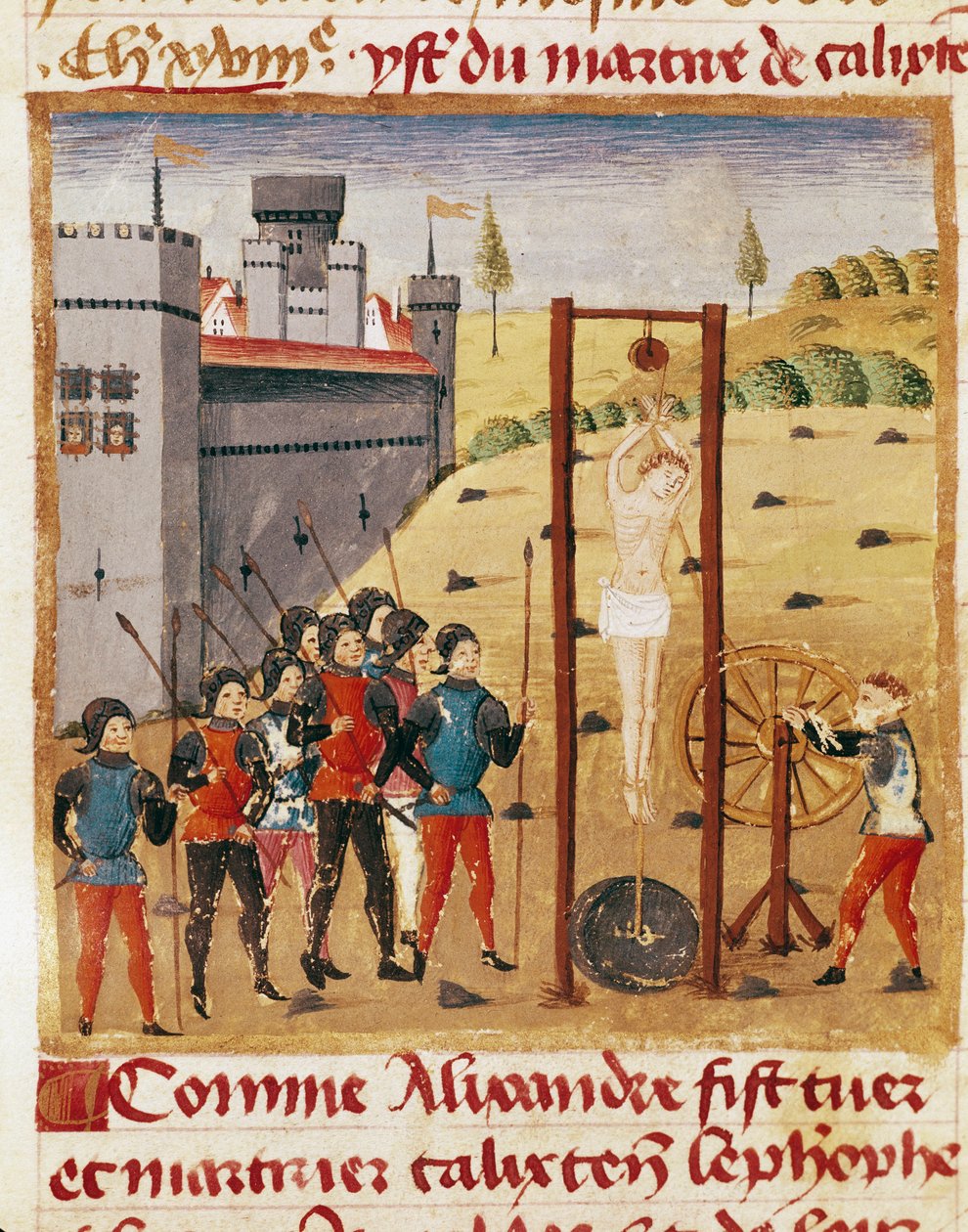 King Alexander the Great attends the execution of the noble Calixten Cephobe by hanging. Miniature from 