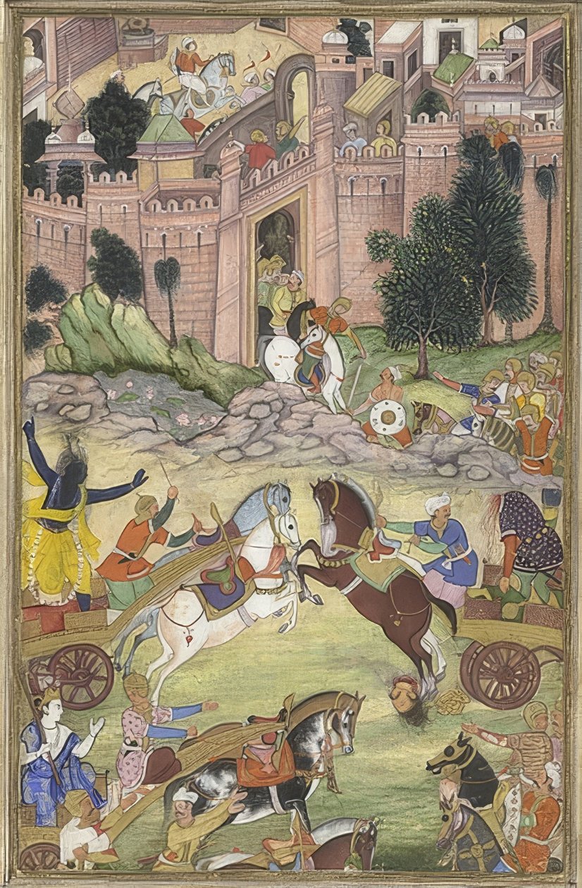 Krishna Kills the Demon Sri Gala (Scene from the Harivamsa). Around 1585-95 by Unknown