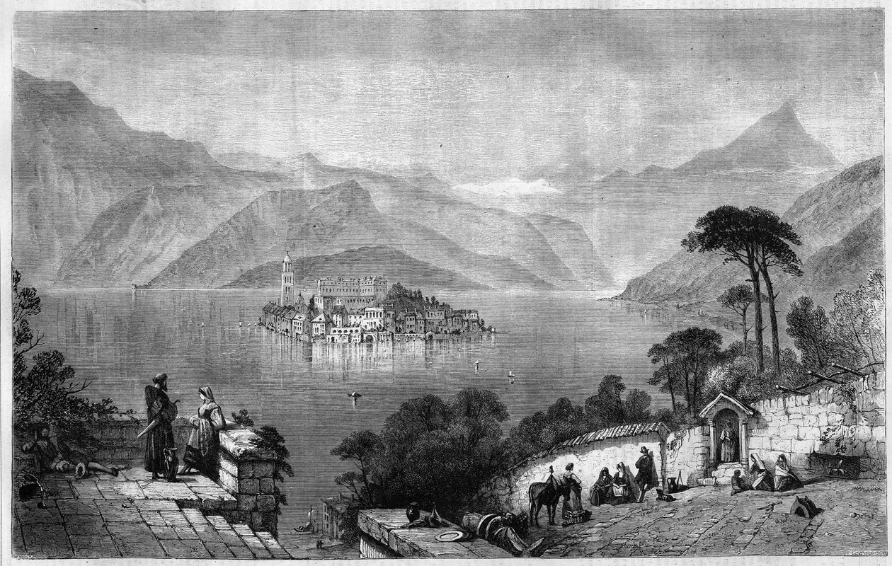 Lake Orta (Lake Cusio) in the middle of the island of San Giulio (Saint Jules) in the province of Novara in Italy. Engraving from 1865 by Unknown artist