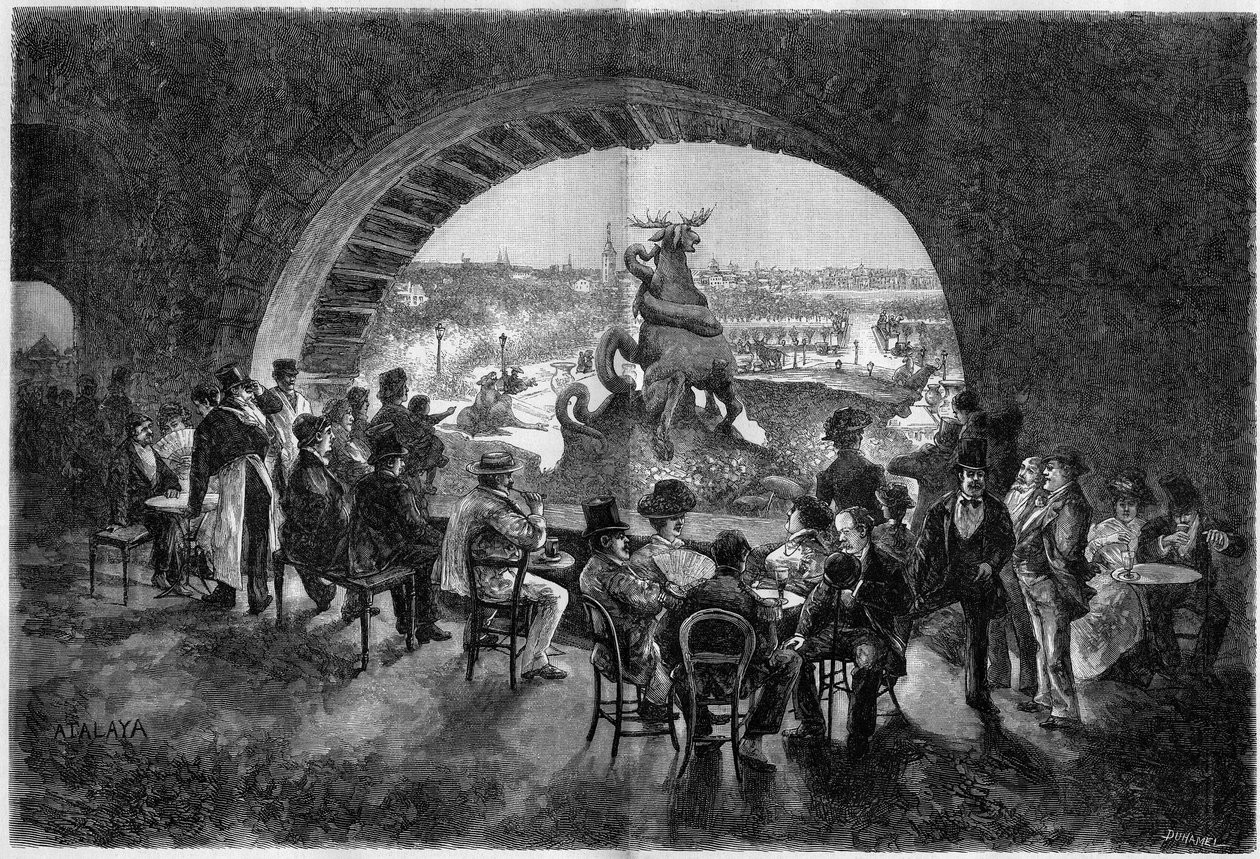 Under the cascade of the Trocadero garden during the great heat in Paris where Parisians come to sit in the cool. Engraving in 