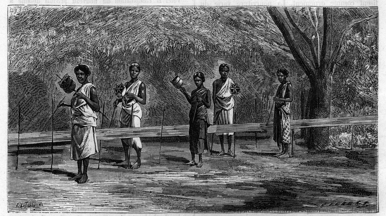 Weaving in India: Preparation of Warp Threads (Operation of Warping). Engraving from 1883. in 