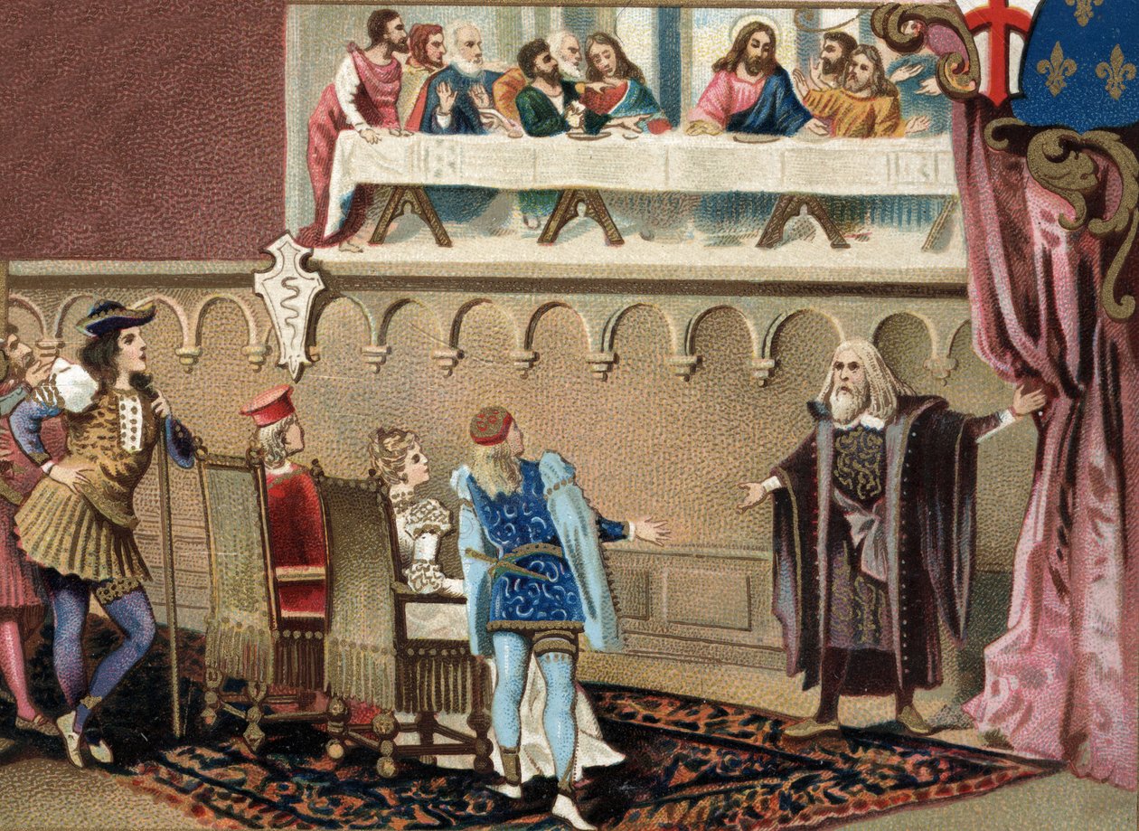 Leonardo da Vinci showing his fresco 