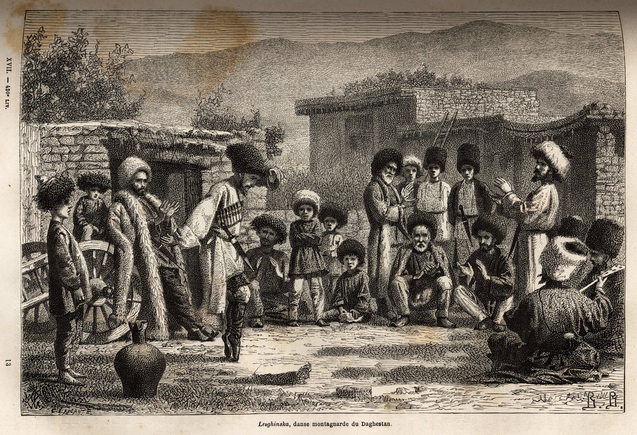 Lesghinska, a national dance throughout the Caucasus, which consists of very difficult and very eccentric steps that the dancer performs in rhythm with animated but uniform music. It is the same for men and women who form separate groups without ever mixin by Unknown artist