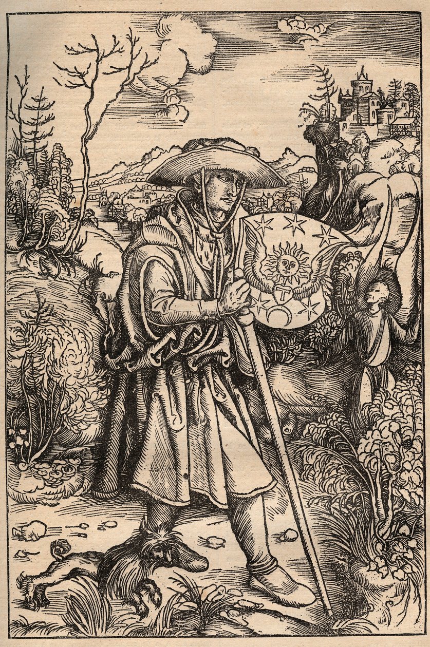 The pilgrim with his dog in front of a castle, illustration from an edition of the Opera of Johannes Gerson published 1514 by Unknown artist