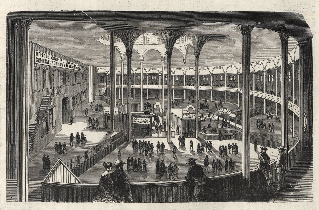 Interior of the emigrant depot of Castle Garden - New York State - Emigration Commission - Engraving in 