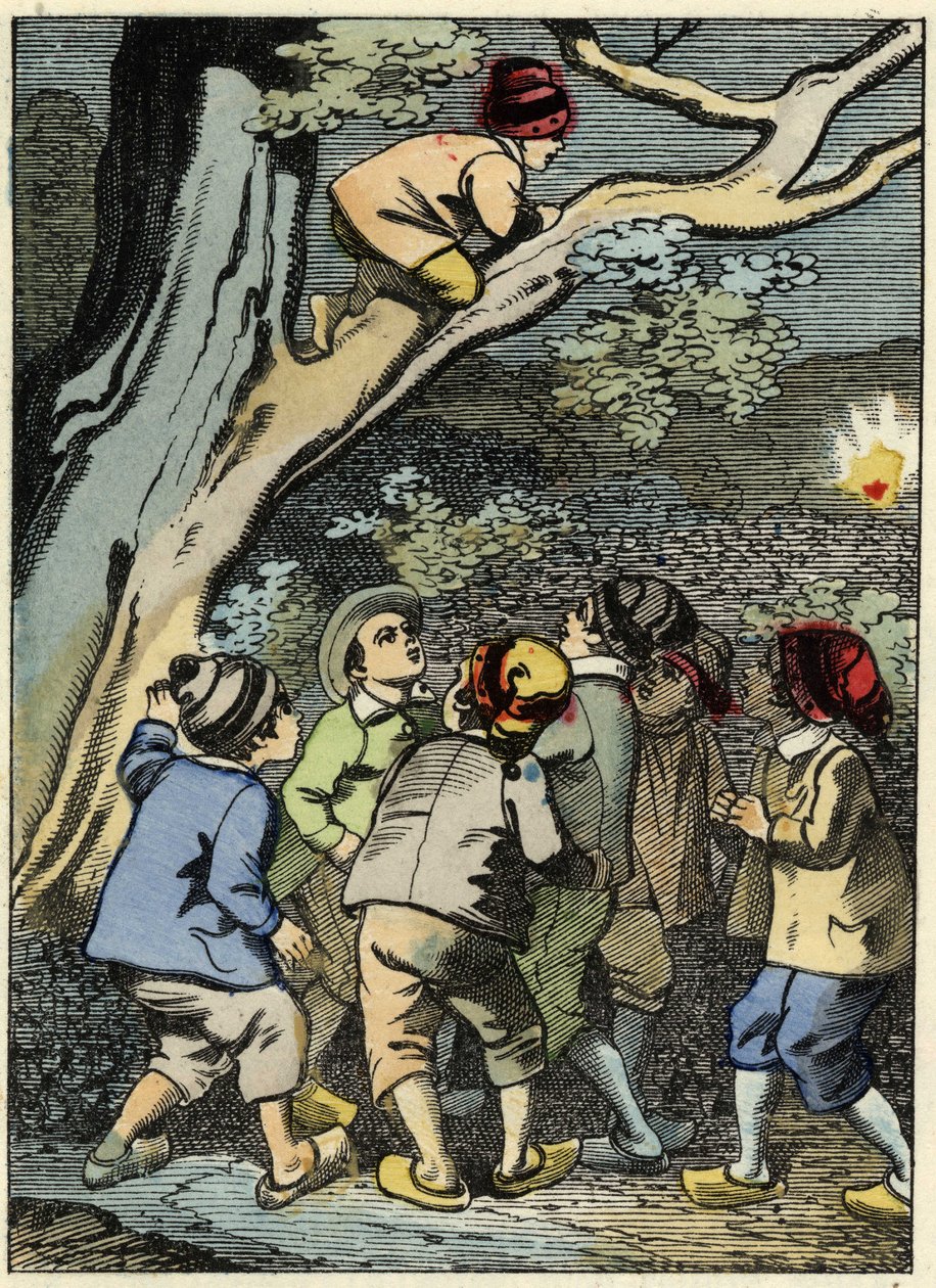 Little Poucet climbs on a tree and looks for his way. He