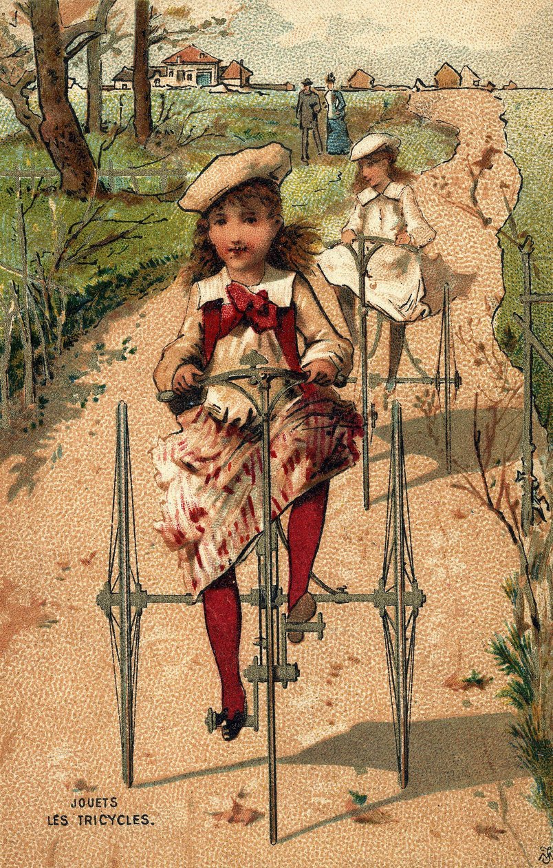 Little girls riding tricycles. Chromolithography around 1890 by Unknown artist