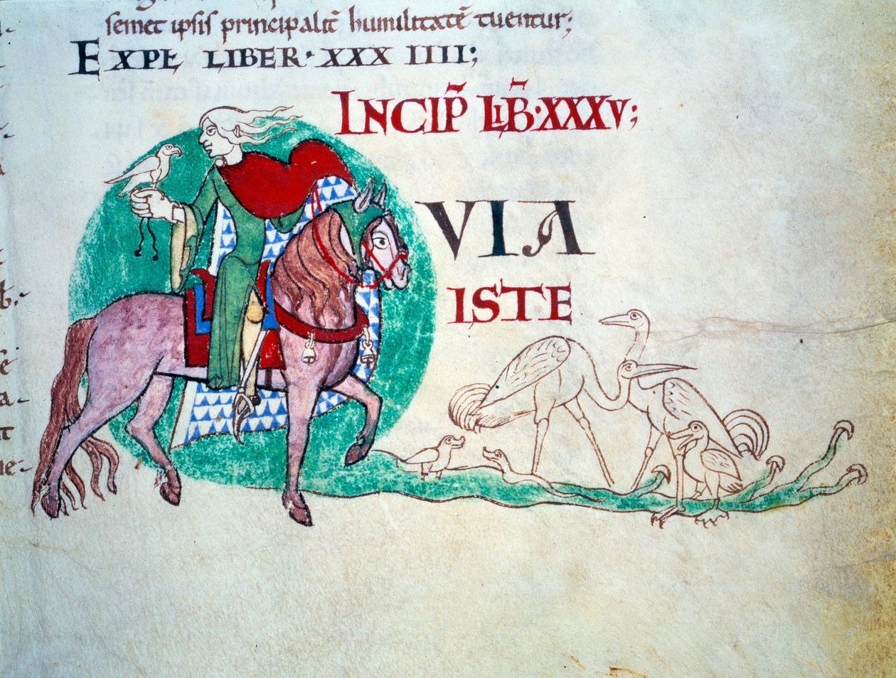 Lord at the Falcon Hunt. Miniature of the Middle Ages. Manuscript 